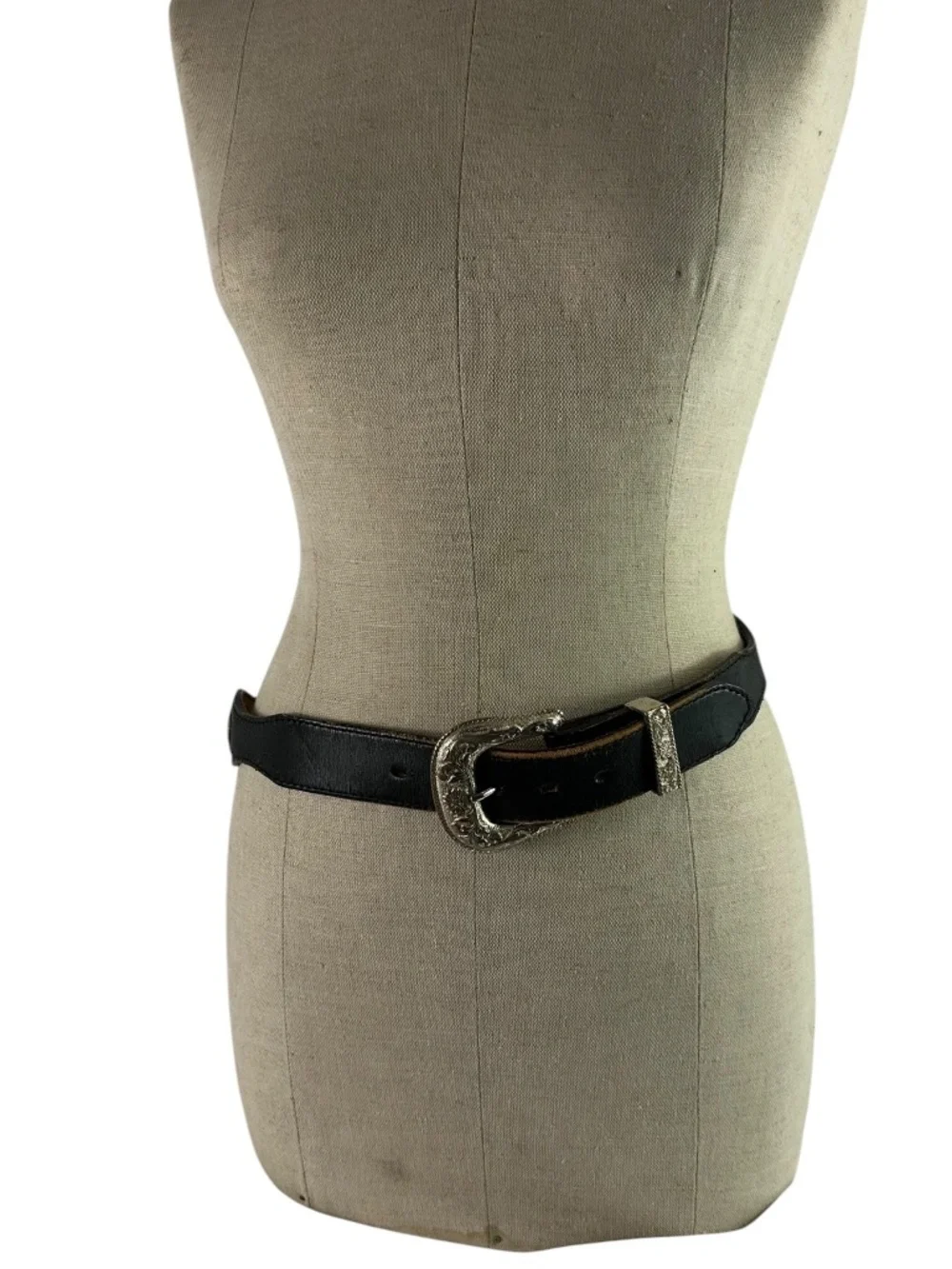 Vintage Black Leather Western Concho Belt Silver Engraved Buckle Boho Size 32